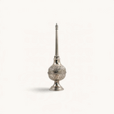 TUYYA handcrafted silver-plated Moroccan rose water sprinkler bottle with intricate hand-embossed floral patterns.