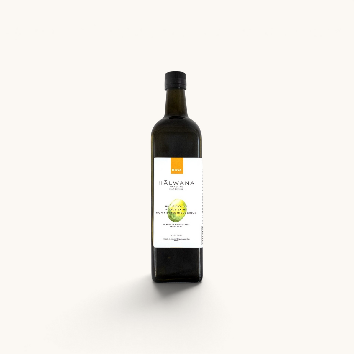 tuyya 1L bottle of organic unfiltered Moroccan Picholine extra virgin olive oil with a white label on a white background