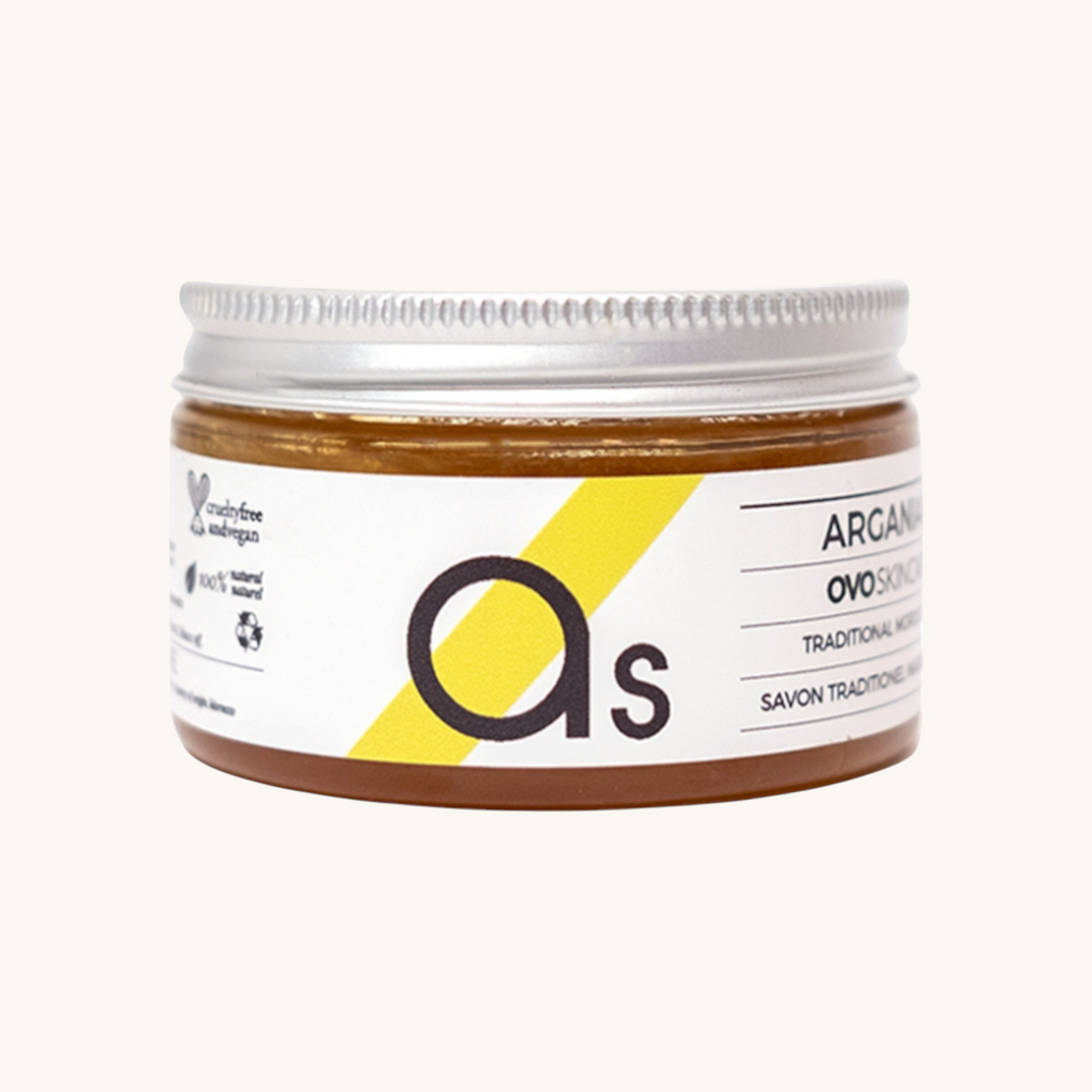 100ml jar of OVO Skincare's Argan Moroccan Black Soap.