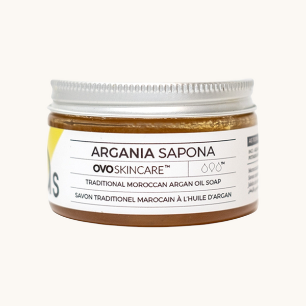 100ml jar of OVO Skincare's Argan Moroccan Black Soap.