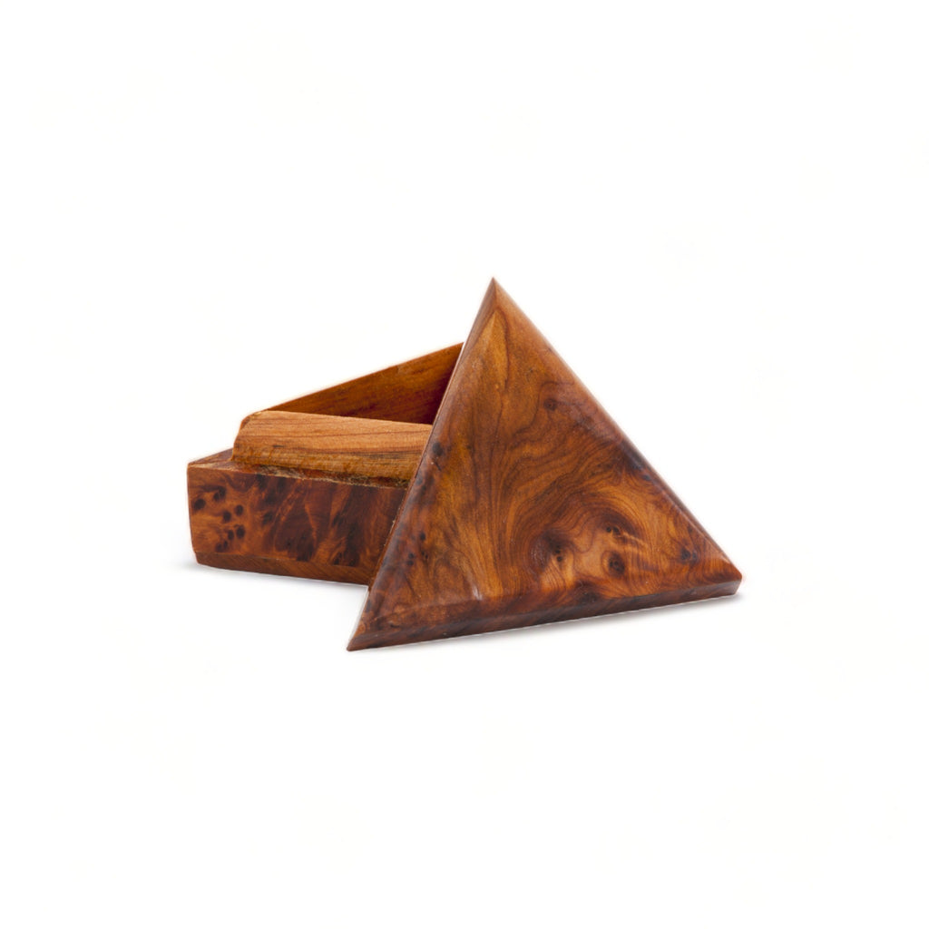 A small, unique triangular Thuya Woodbox handcrafted from the intricately-grained thuya root's wood by TUYYA.