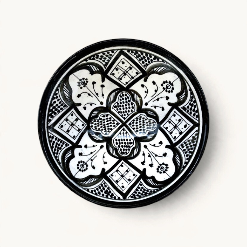 TUYYA handmade Moroccan ceramic bowl in black and white with intricate traditional Safi geometric floral patterns.