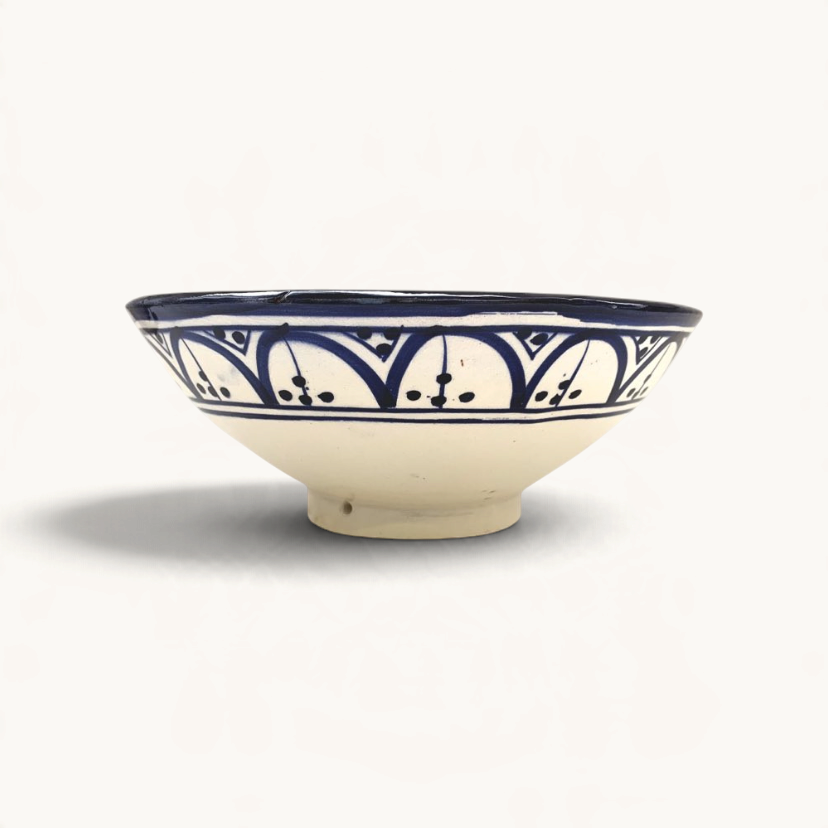 TUYYA handmade Moroccan ceramic bowl in blue and white with traditional painted patterns for serving salads