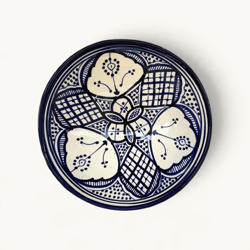 TUYYA handmade Moroccan ceramic bowl in blue and white with intricate traditional geometric and floral patterns.
