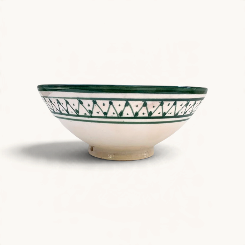 TUYYA handmade Moroccan ceramic bowl in white with dark green geometric patterns and a painted rim.
