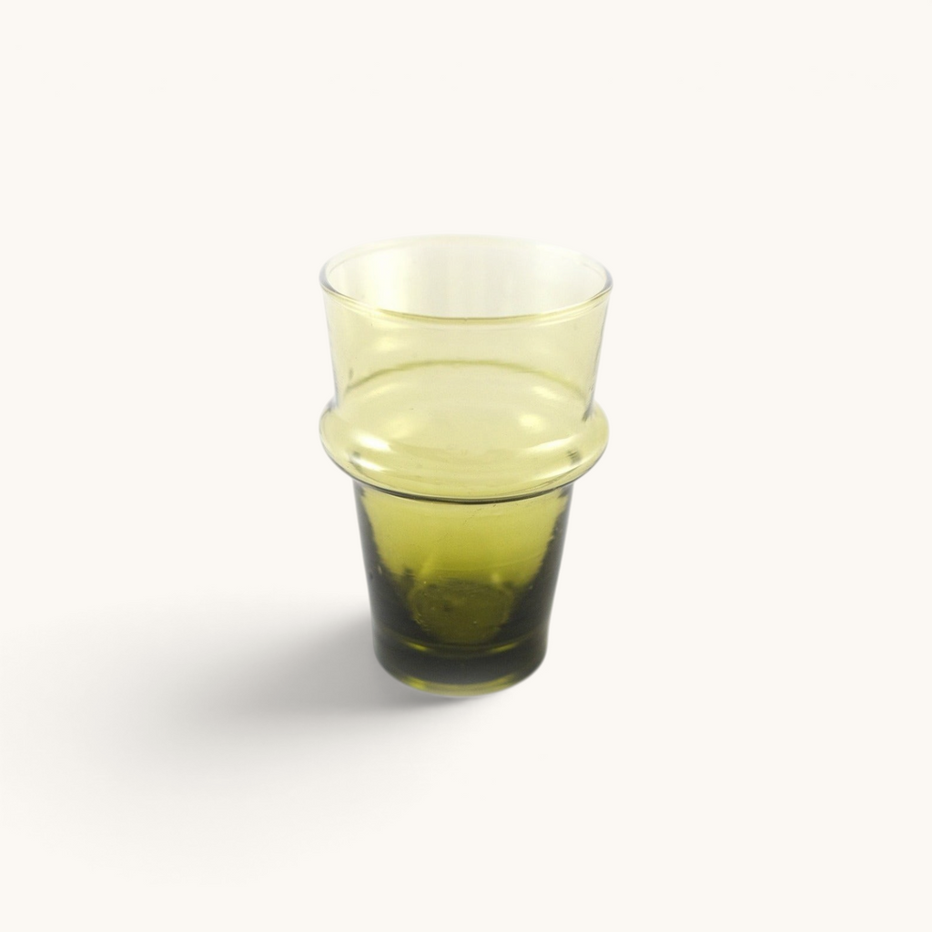 tuyya hand-blown brown recycled glass Beldi cup with traditional Moroccan design on a white background