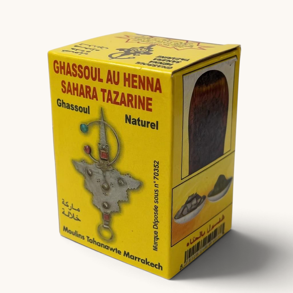 Boîte jaune de poudre de henné naturel Sahara Tazarine de la marque tuyya pour soins capillaires et art corporel
