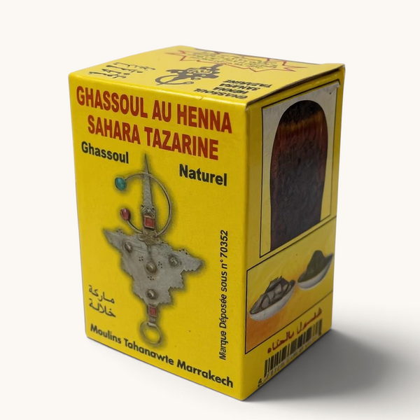 Boîte de soin capillaire tuyya Henna Sahara Tazarine et argile Ghassoul, produit naturel traditionnel marocain.