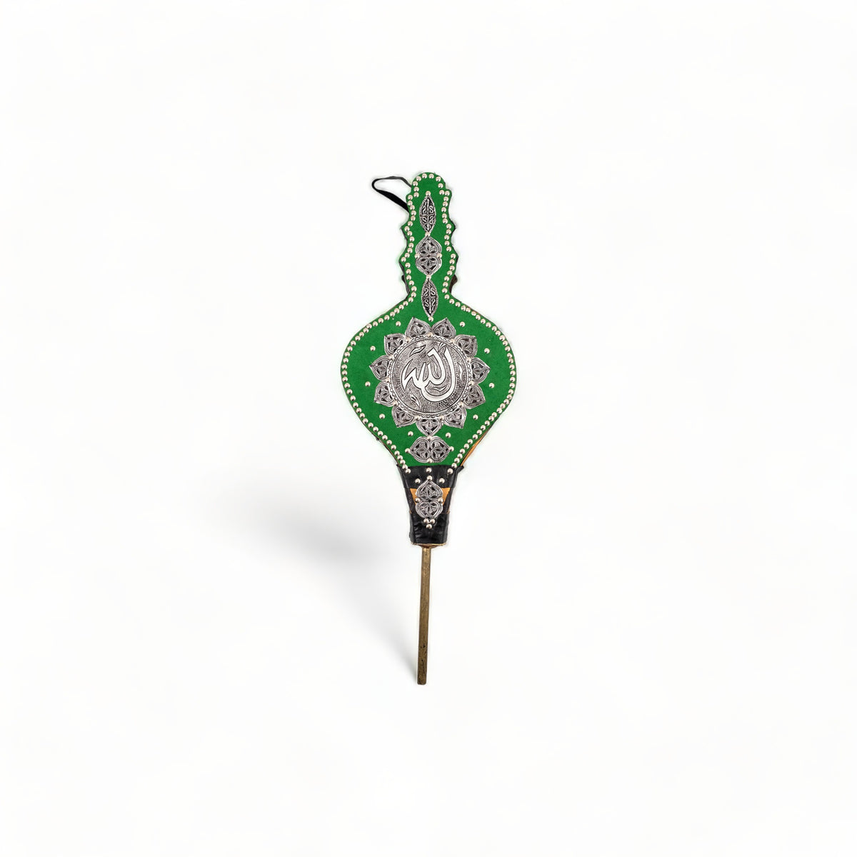 Traditional Moroccan Rabouz with Berber design, used for igniting fires or as a decorative piece, showcasing intricate ciseled patterns and green fabric accents.
