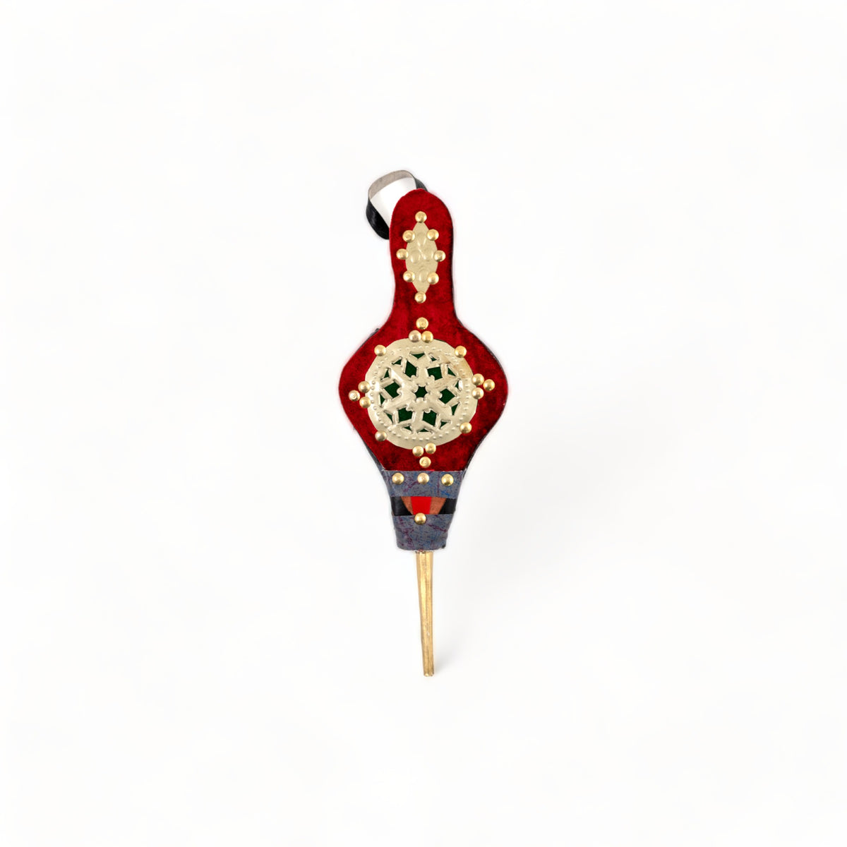 Red Small Moroccan Rabouz with Berber patterns and concentric stars design, adorned with copper rivets for a traditional look.