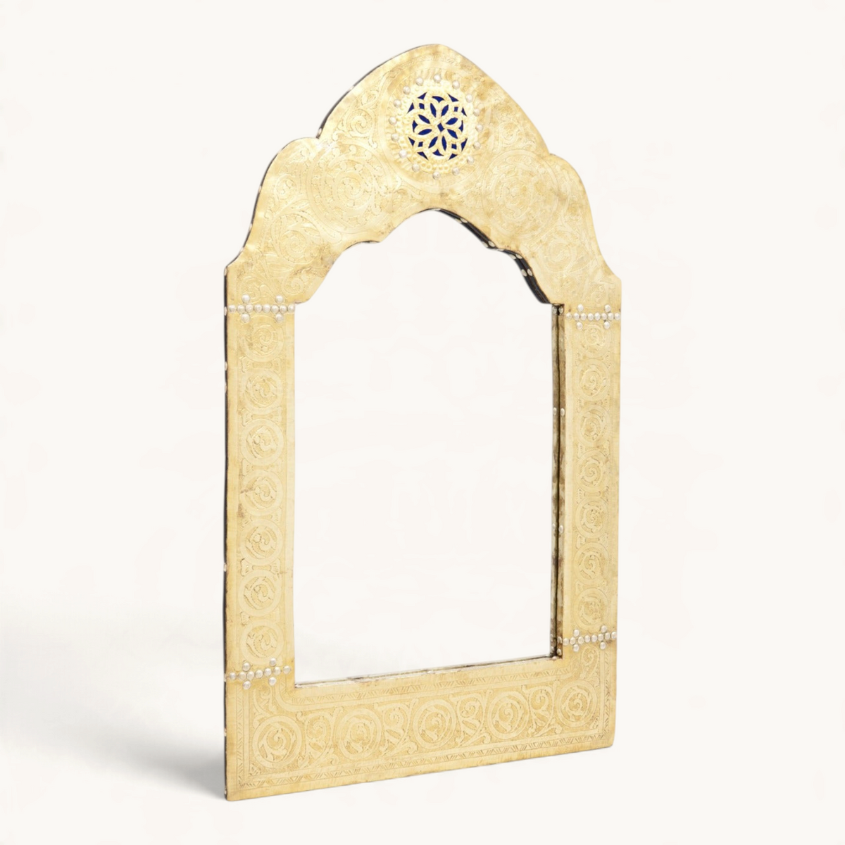 TUYYA Moorish style wall mirror with a handcarved gilded copper frame featuring intricate patterns and a blue inlay.