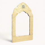 TUYYA Moorish style wall mirror with a handcarved gilded copper frame featuring intricate patterns and a blue inlay.