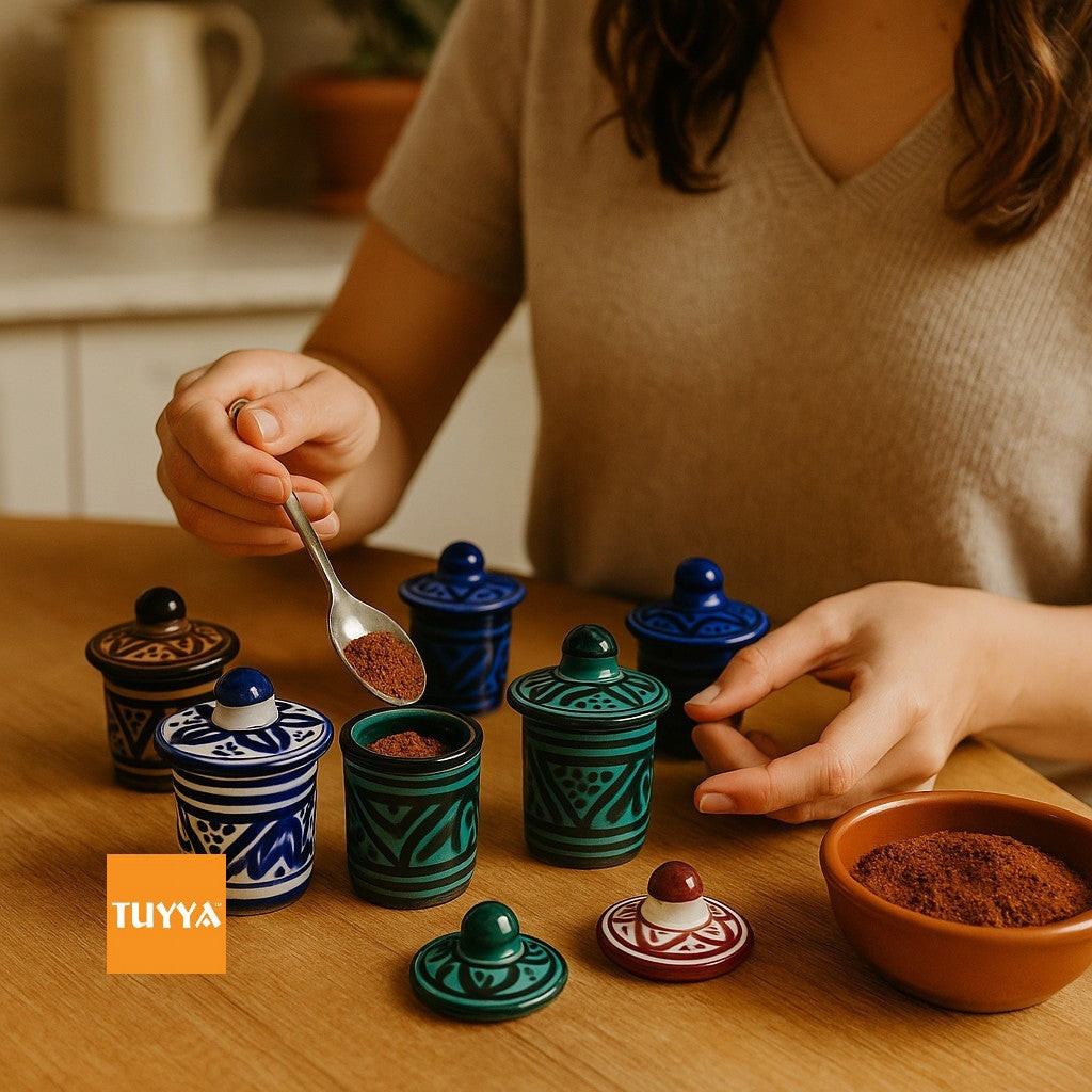 Une femme utilise une cuillère pour remplir un pot à épices en céramique peint à la main TUYYA avec des motifs marocains.