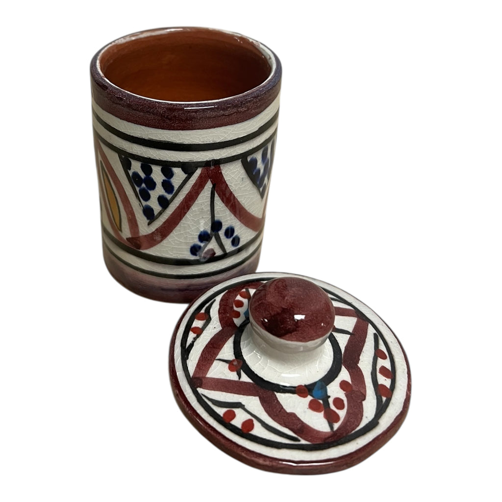 traditional-terracotta-moroccan-spice-container-white-burgundy-blue-yellow-pattern