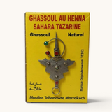 Boîte jaune de poudre de henné naturel Sahara Tazarine de la marque tuyya pour soins capillaires et art corporel.