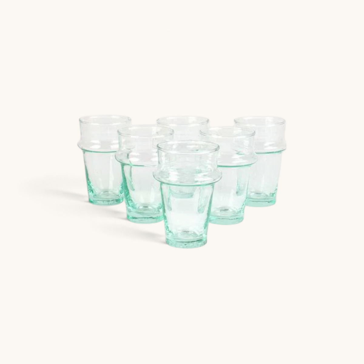 Set of six tuyya handblown recycled glass Beldi tea glasses with a signature rim, clear green-tinted vintage style.