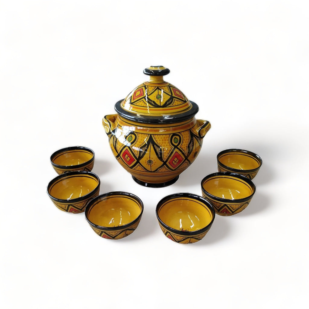 Hand-painted Safi Yellow Soup Tureen Set with six matching bowls from Morocco.