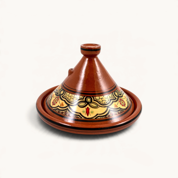 Tajine de cuisson TUYYA Chellah en terre cuite émaillée marron avec motifs artisanaux traditionnels peints à la main