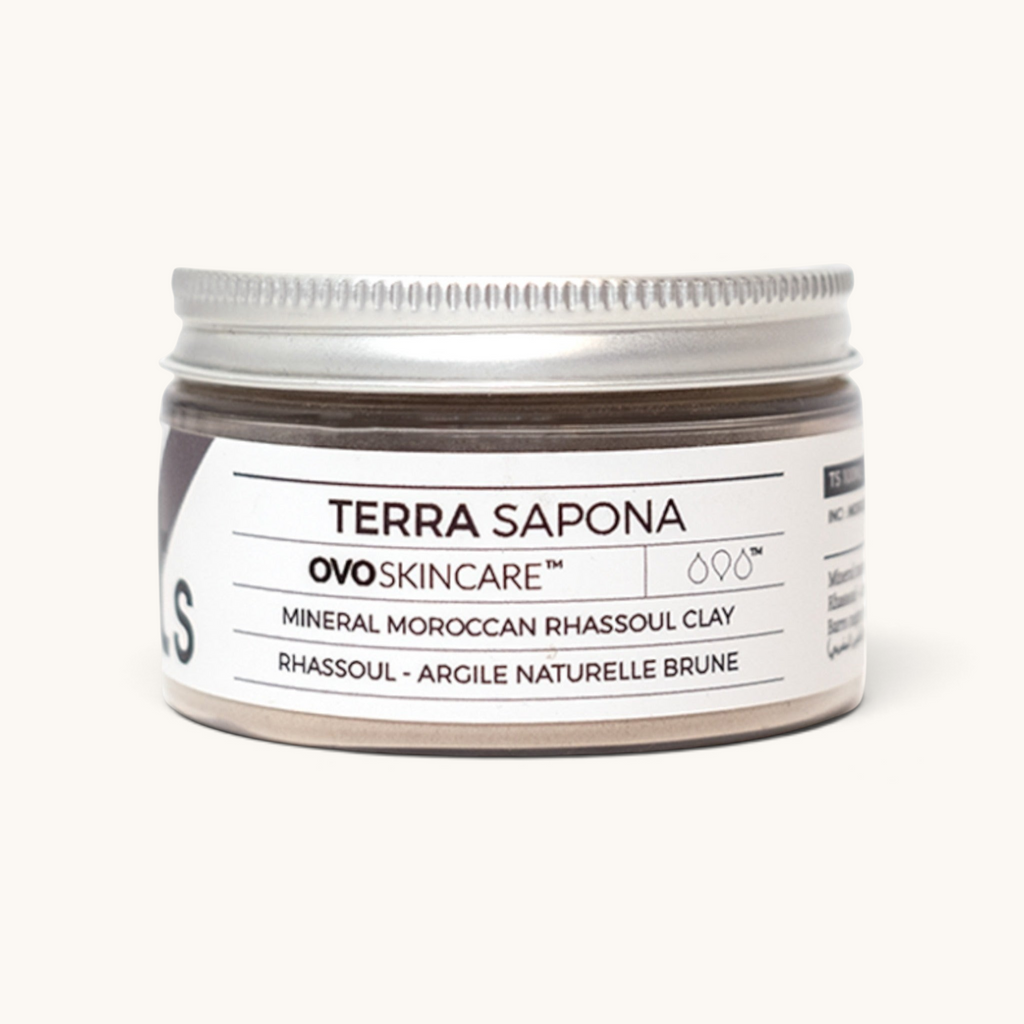 100ml container of OVO Skincare's Moroccan Ghassoul Clay Powder.