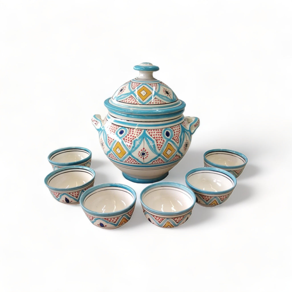 Hand-painted Safi Blue Soup Tureen Set with six matching bowls from Morocco.