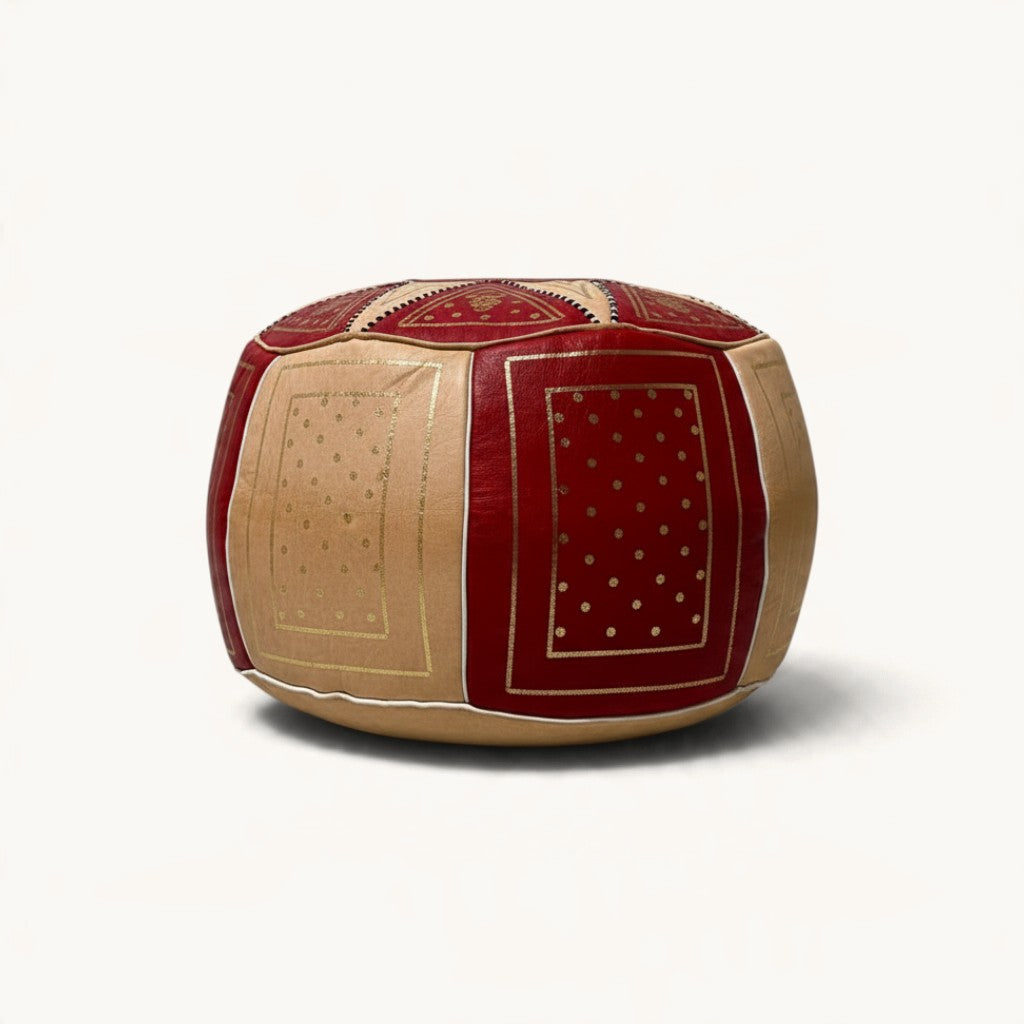 Embroidered Goat Leather Ottoman — Deep Red & Sand, Fès