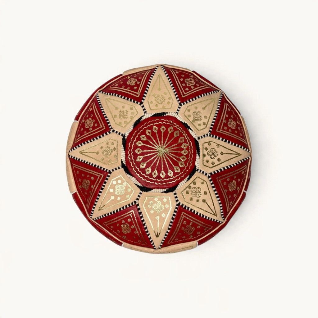 Embroidered Goat Leather Ottoman — Deep Red & Sand, Fès