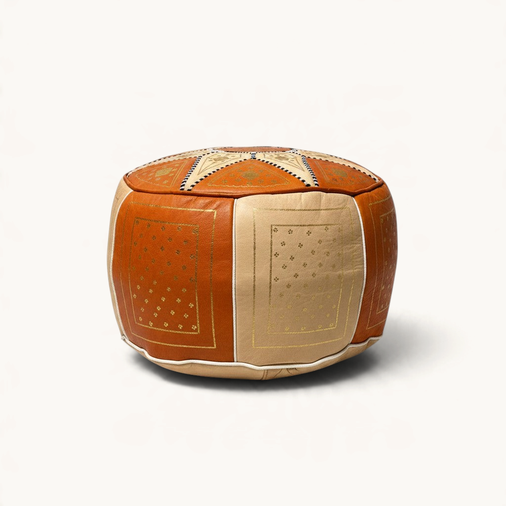 TUYYA handcrafted orange and sand goat leather ottoman with gold embroidered medallion and floral patterns