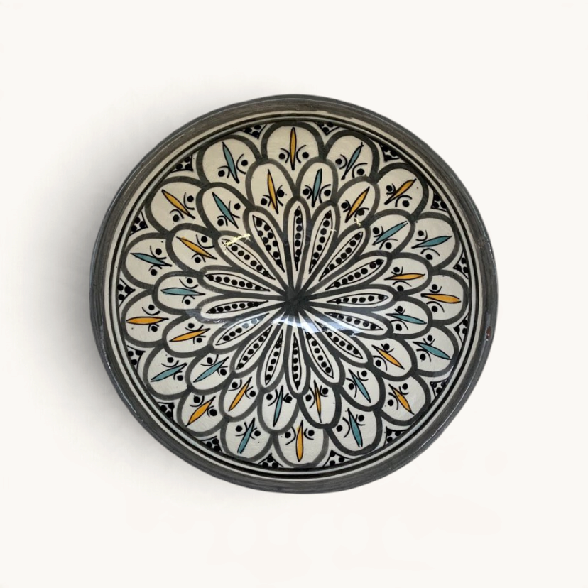 tuyya handmade Moroccan ceramic bowl in grey with intricate hand-painted floral patterns and colourful accents