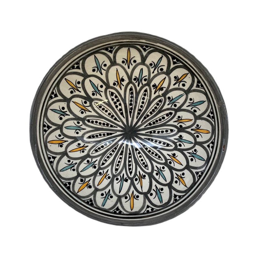 tuyya handmade Moroccan ceramic bowl in grey with intricate hand-painted floral patterns and colourful accents