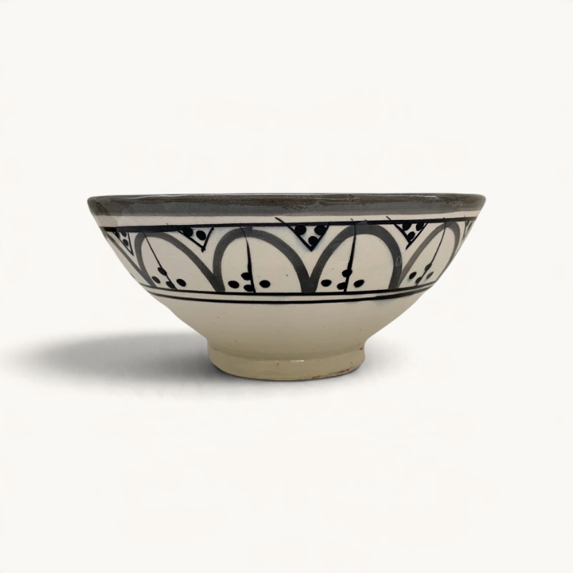 tuyya handmade Moroccan ceramic bowl in grey and white with intricate hand-painted geometric patterns