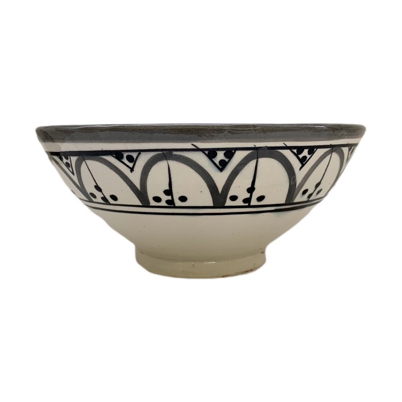 tuyya handmade Moroccan ceramic bowl in grey and white with intricate hand-painted geometric patterns