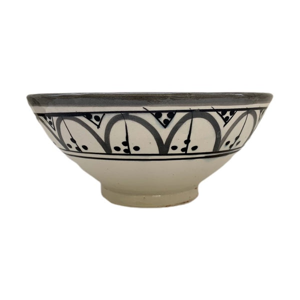 tuyya handmade Moroccan ceramic bowl in grey and white with intricate hand-painted geometric patterns