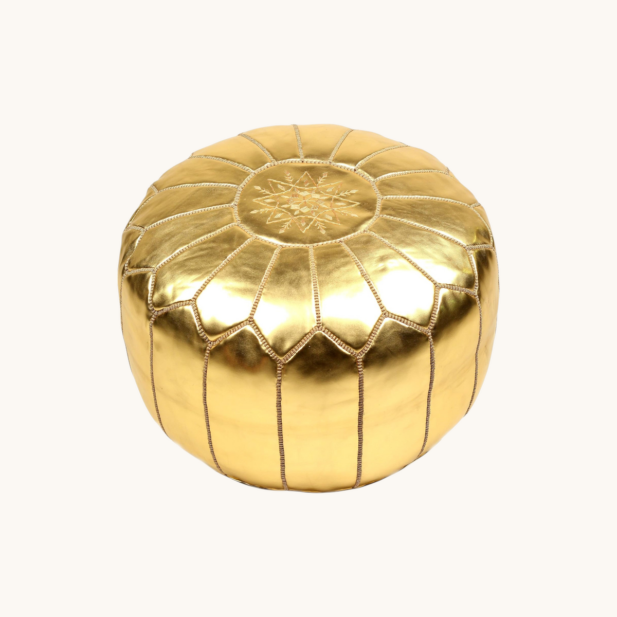 tuyya gold Moroccan vegan leather pouf with intricate embroidered top detailing and stitched panel design