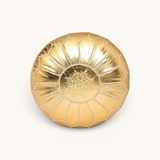 tuyya gold Moroccan vegan leather pouf with intricate top embroidery and stitched panel detailing