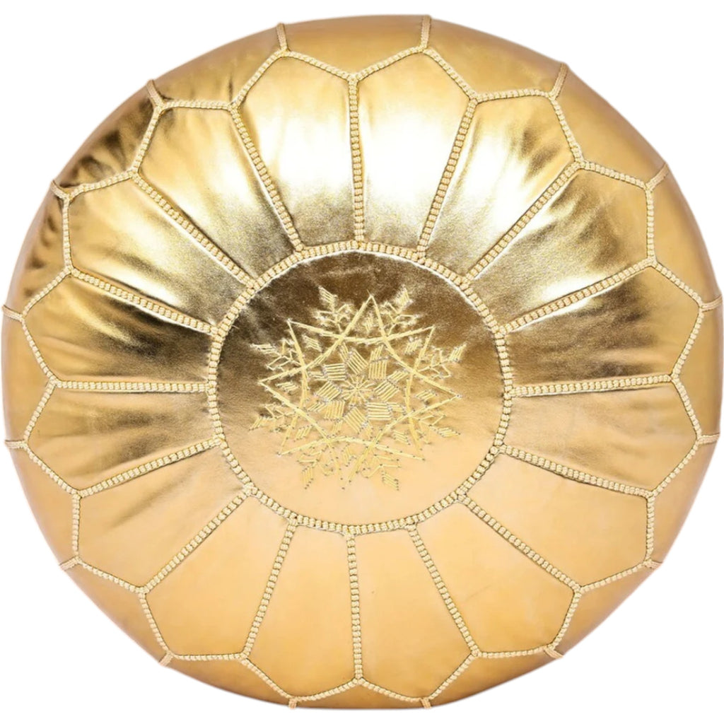 Gold Moroccan Embroidered Vegan Leather Pouf