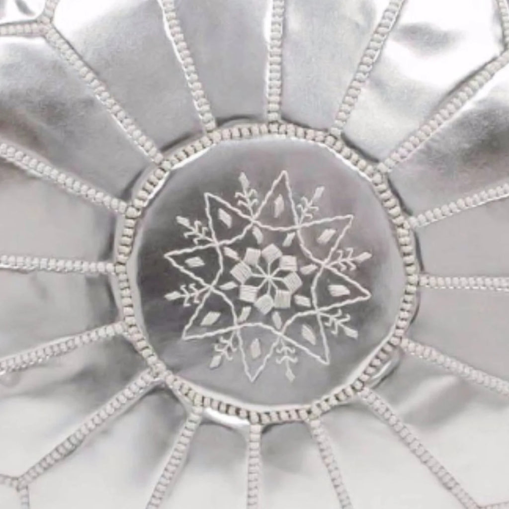 Silver Moroccan Embroidered Vegan Leather Pouf