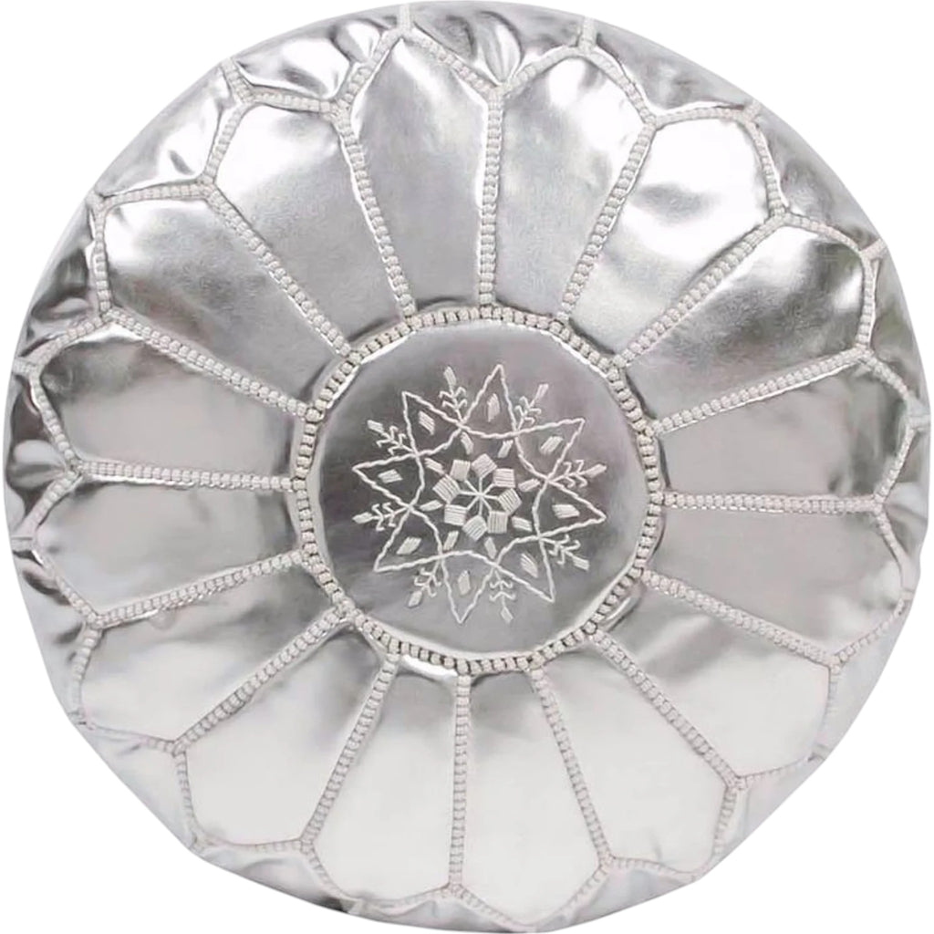 Silver Moroccan Embroidered Vegan Leather Pouf