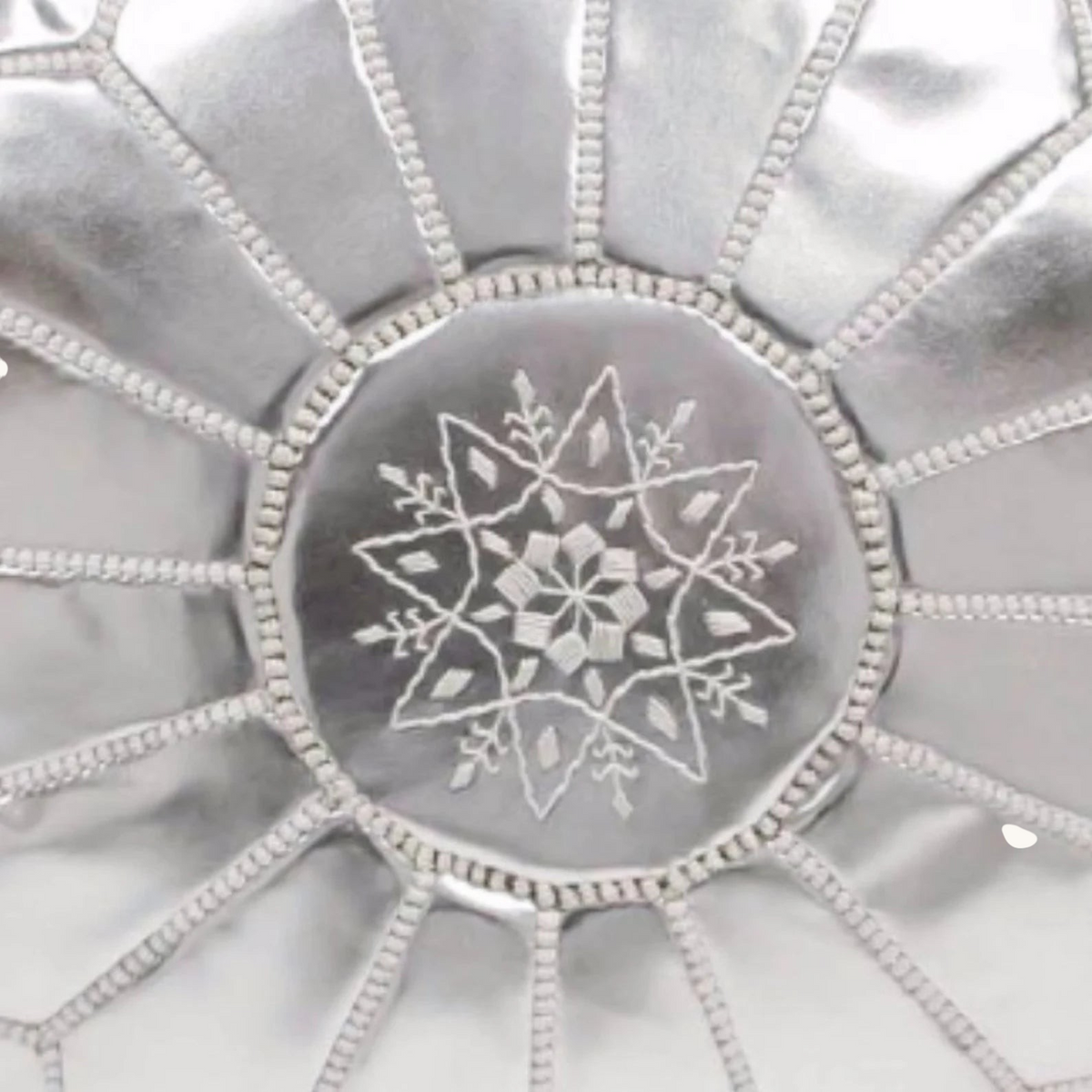 tuyya silver Moroccan vegan leather pouf with intricate white embroidered star pattern on top