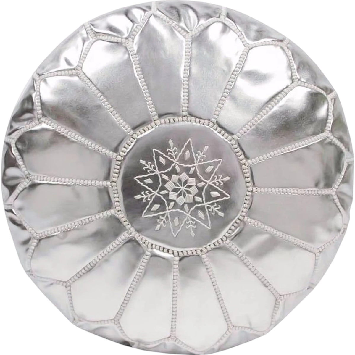 tuyya silver Moroccan vegan leather pouf with intricate top embroidery and traditional stitched panel design