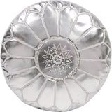 tuyya silver Moroccan vegan leather pouf with intricate top embroidery and traditional stitched panel design