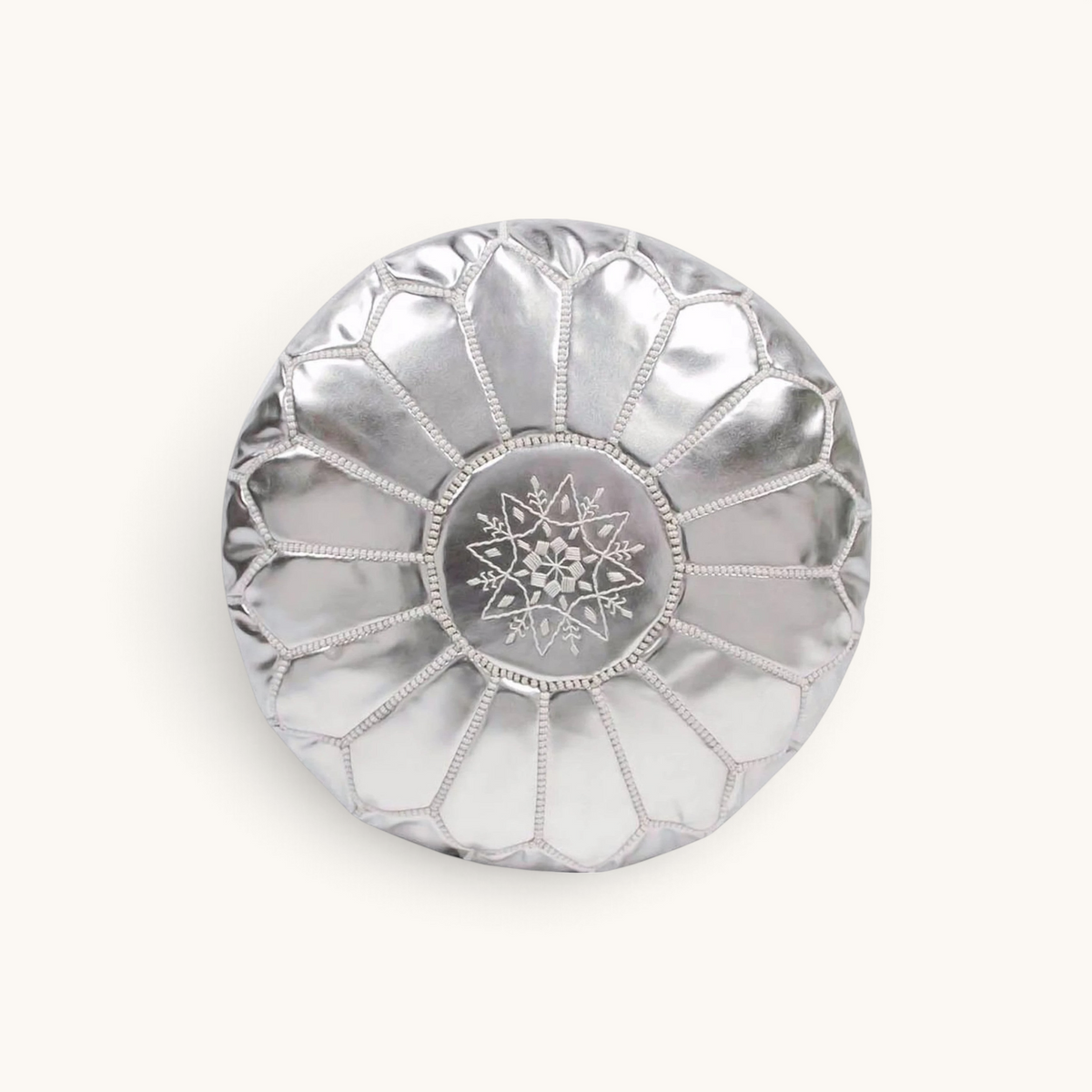 tuyya silver Moroccan vegan leather pouf with intricate top embroidery and traditional stitched panel design