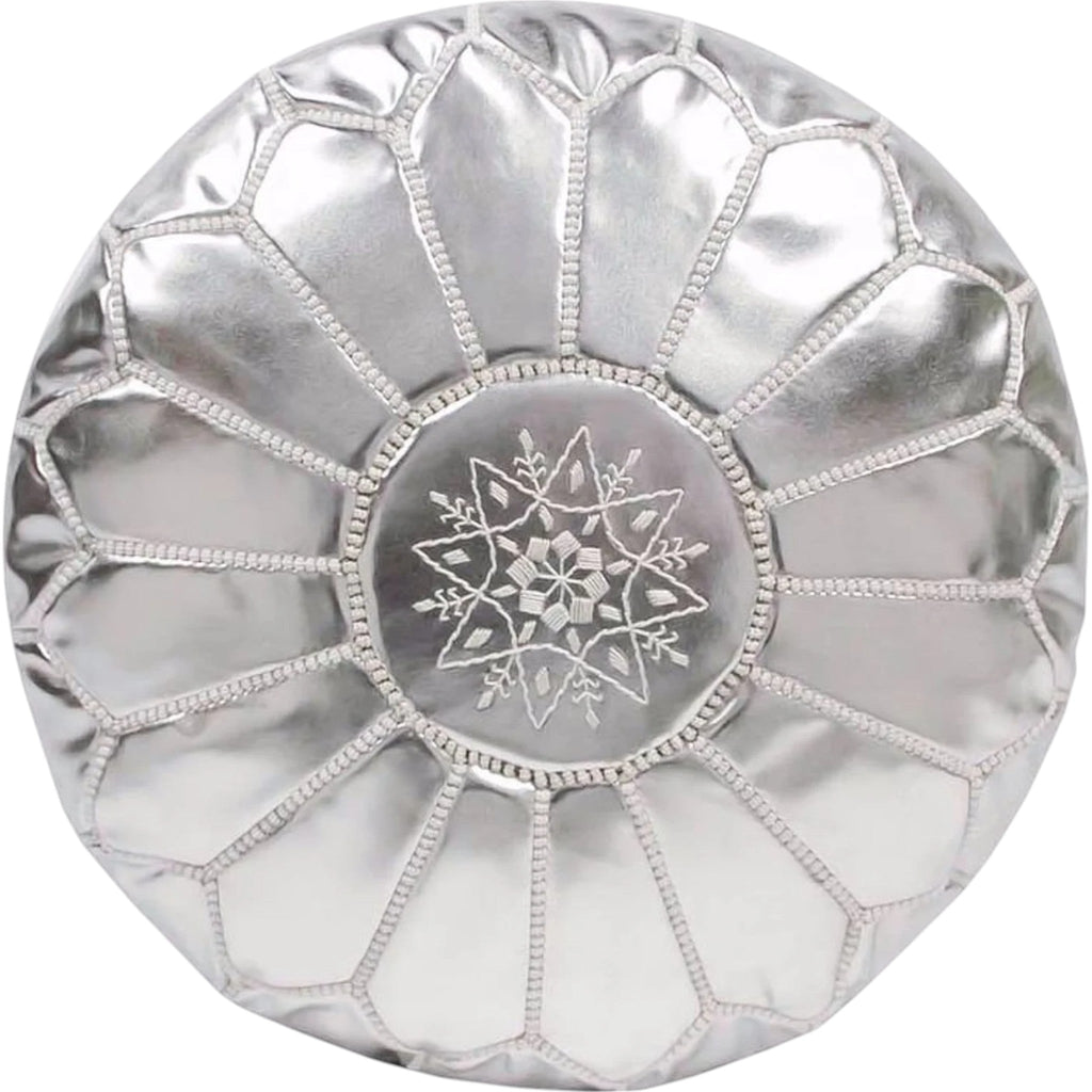 tuyya silver Moroccan vegan leather pouf with intricate top embroidery and traditional stitched panel design