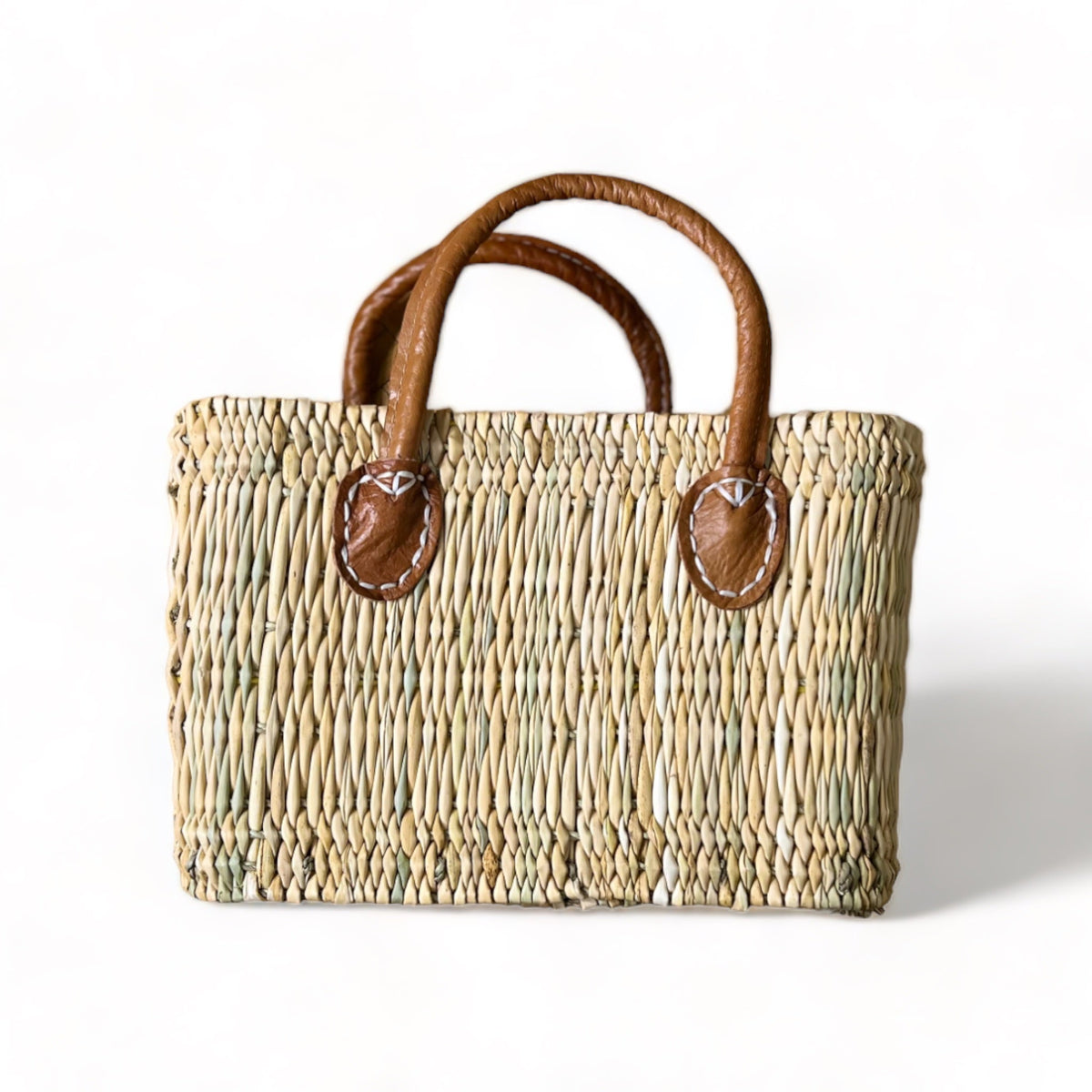 tuyya Yasmine structured Moroccan wicker basket with camel leather handles and hand-stitched rivet details