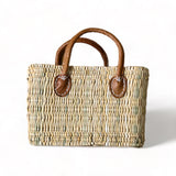 tuyya Yasmine structured Moroccan wicker basket with camel leather handles and hand-stitched rivet details