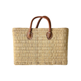 tuyya Yasmine structured Moroccan wicker basket with camel leather handles and hand-stitched rivet details
