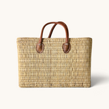 tuyya Yasmine structured Moroccan wicker basket with camel leather handles and hand-stitched rivet details