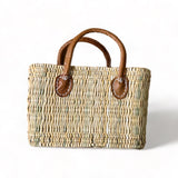 tuyya Yasmine structured Moroccan wicker basket with camel leather handles and hand-stitched rivet details
