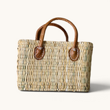 tuyya Yasmine structured Moroccan wicker basket with camel leather handles and hand-stitched rivet details