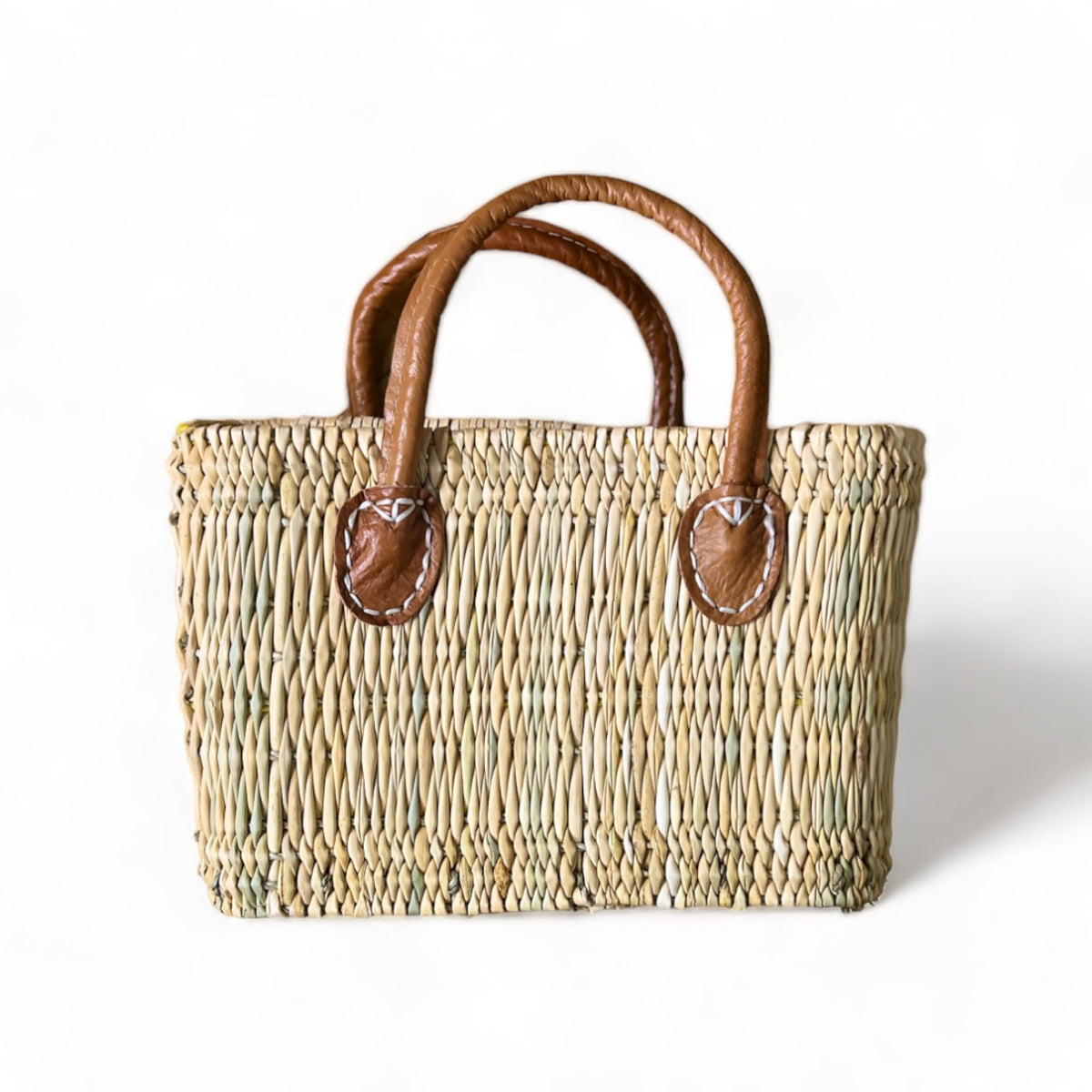 tuyya Yasmine structured Moroccan wicker basket with camel leather handles and hand-stitched rivet details
