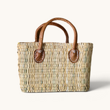 tuyya Yasmine structured Moroccan wicker basket with camel leather handles and hand-stitched rivet details